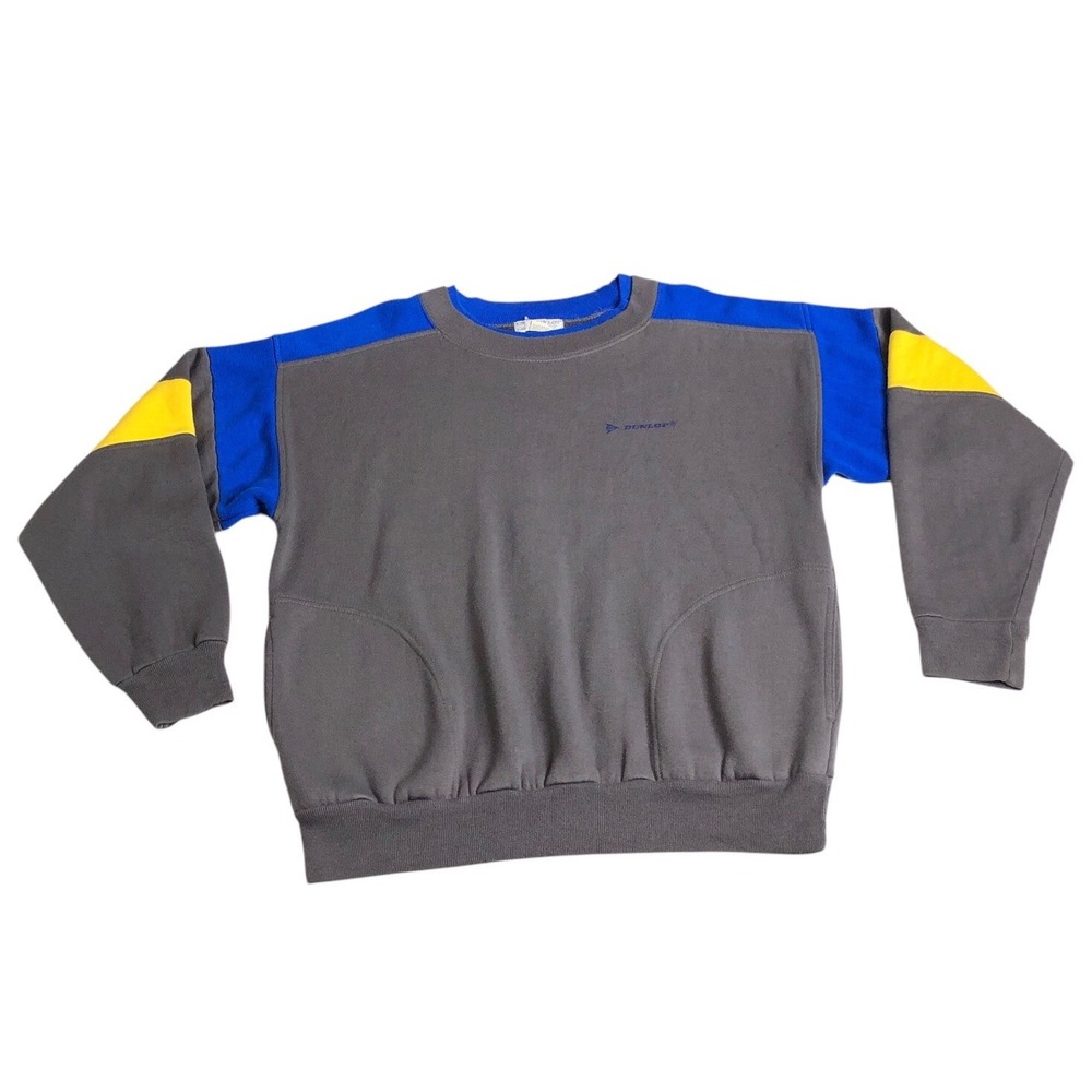 Vintage 90s Dunlop Sweater Mens Medium‎ Gray Colorblock Pullover Acrylic Pockets